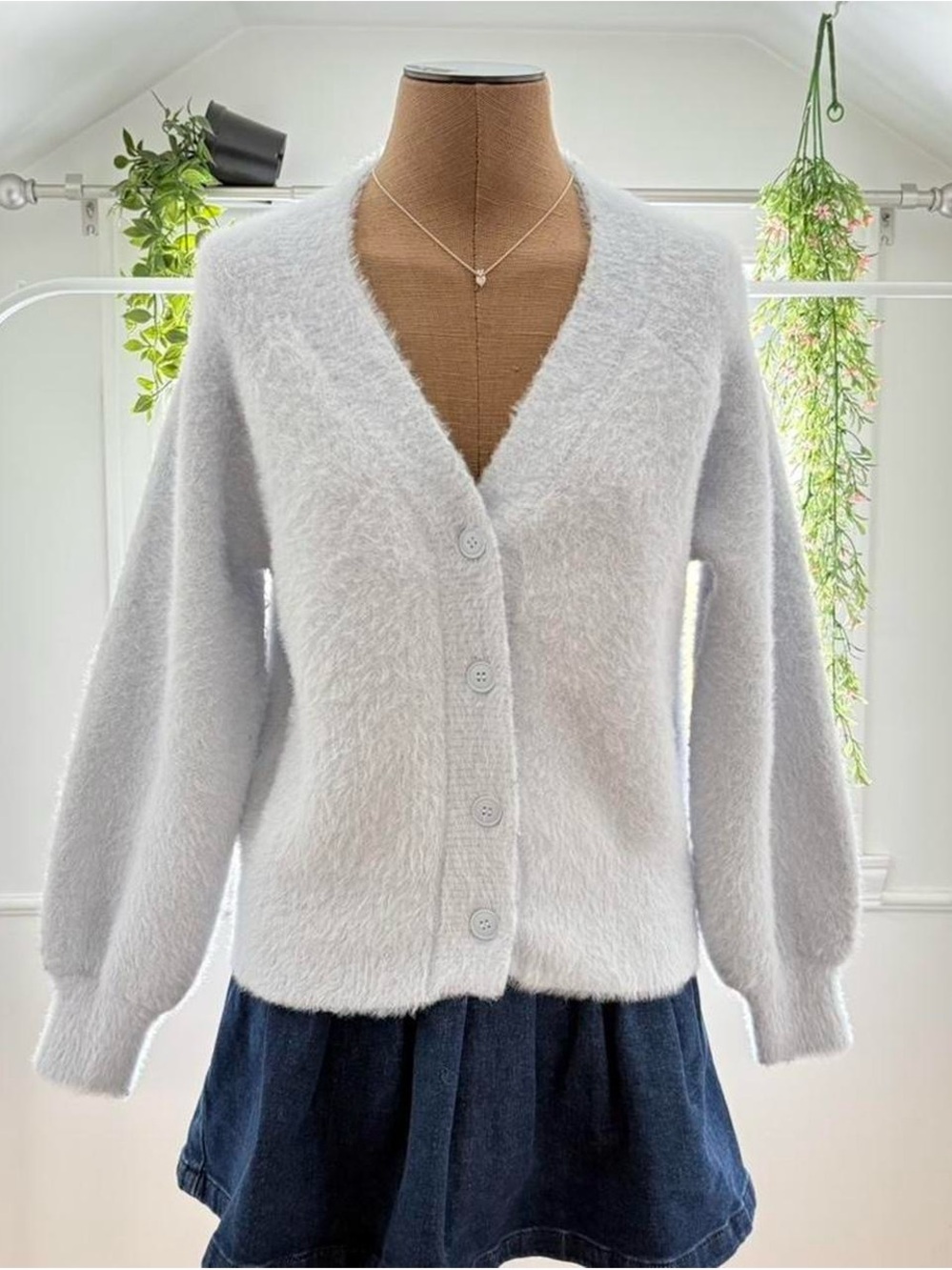 Soft V-Neck Fuzzy Button-Front Cardigan Sweater - Light Blue